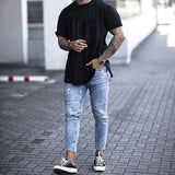 Jeans Men Mid Waist Casual Slim Ankle Length Skinny Jeans Men Streetwear Fashion Hole Ripped Jeans for Men calça masculina D40