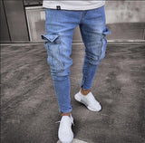 2019 Mens Denim Cargo Pants Jeans with Side Cargo Pocket  Tight Jeans Men Slim Fit Long Trousers