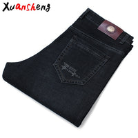 Xuansheng brand  men's jeans 2019 autumn and winter thick business work casual stretch slim jeans classic pants blue black jeans