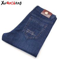 Xuansheng brand  men's jeans 2019 autumn and winter thick business work casual stretch slim jeans classic pants blue black jeans