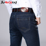 Xuansheng brand  men's jeans 2019 autumn and winter thick business work casual stretch slim jeans classic pants blue black jeans